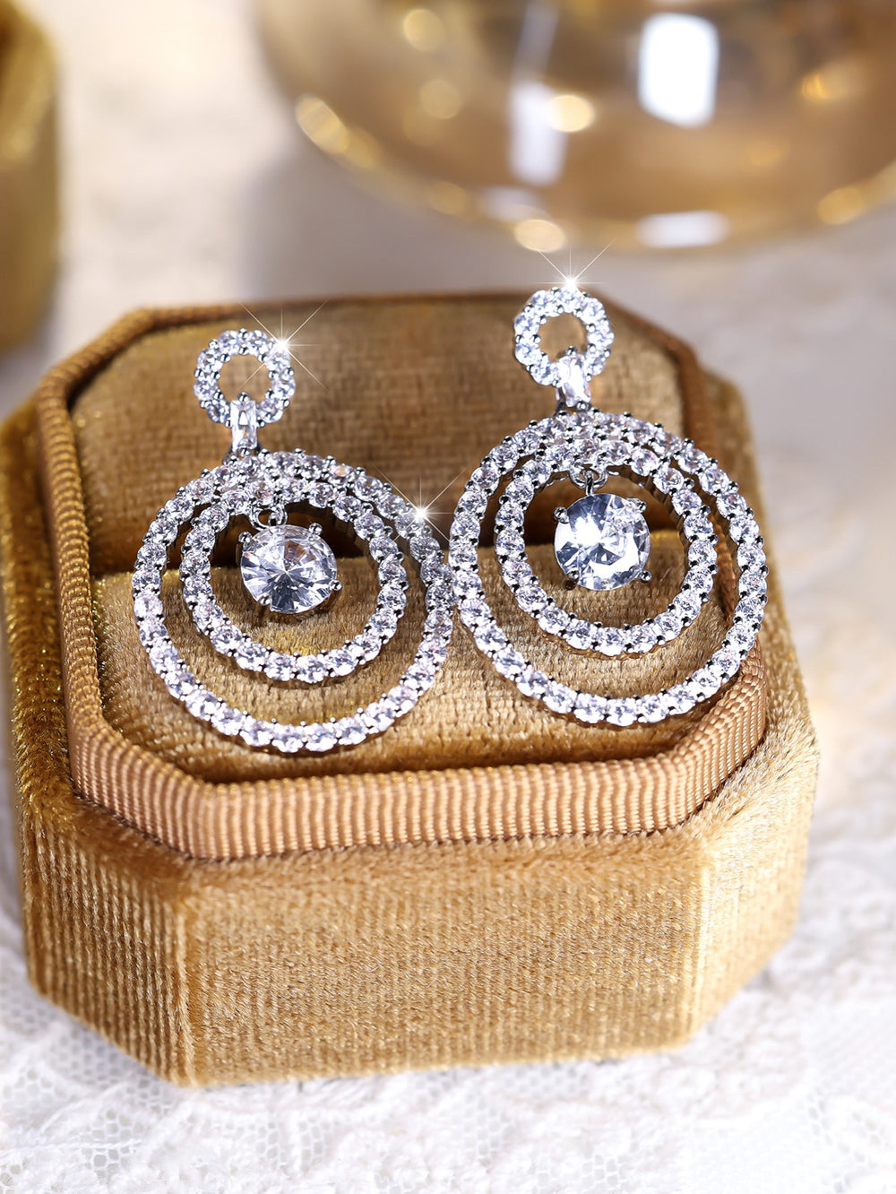 Silver-Tone White Crystal Double Circle Round Drop Earrings