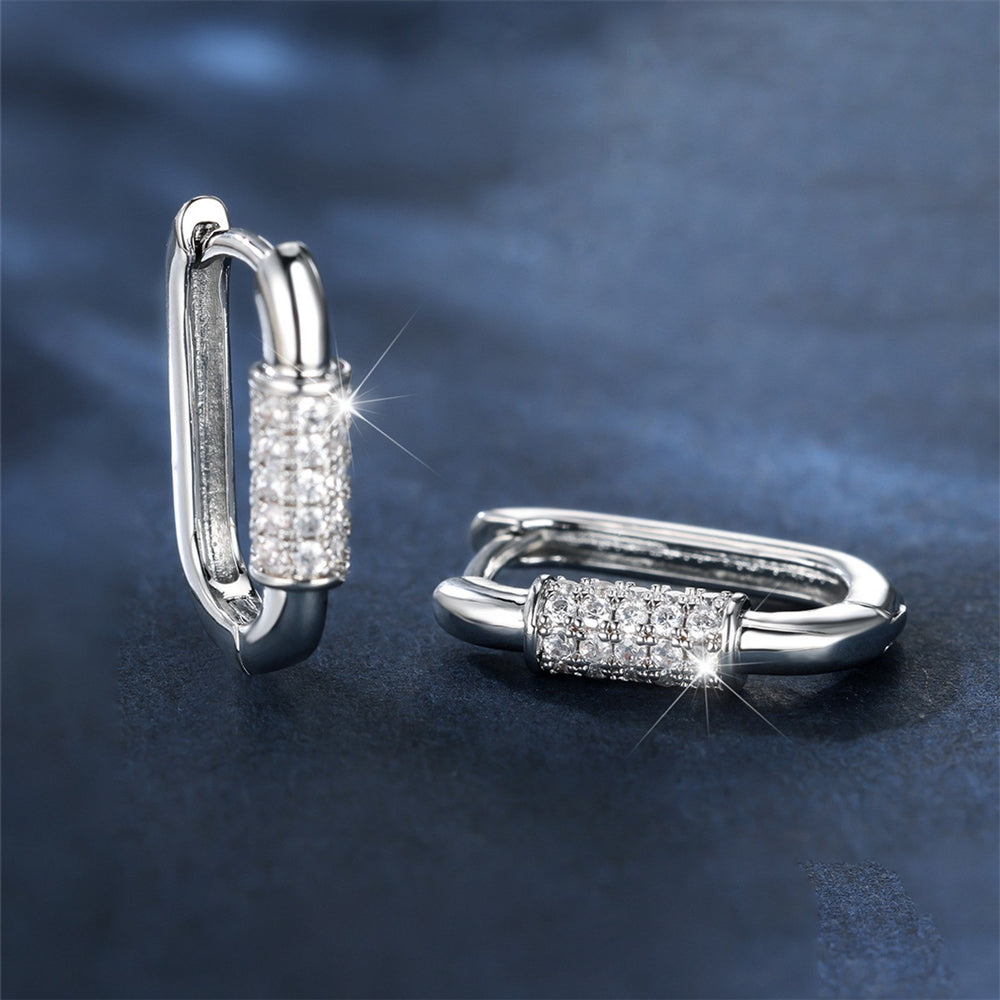 Silver-Tone White Crystal Paperclip Huggie Earrings