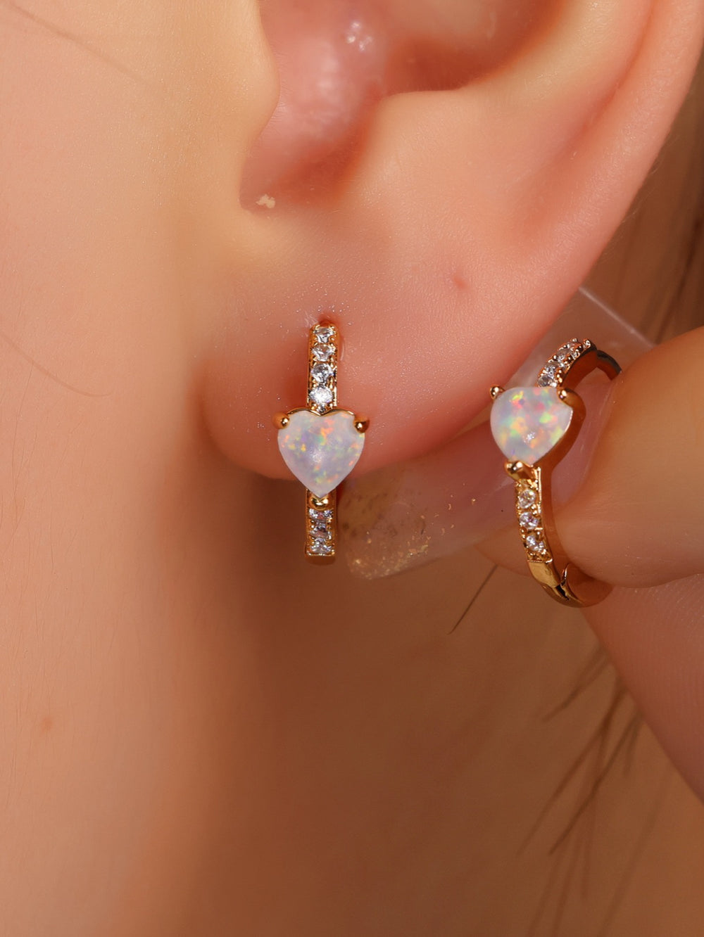 Champagne Gold-Tone White Simulated Opal Heart Crystal Huggie Hoop Earrings