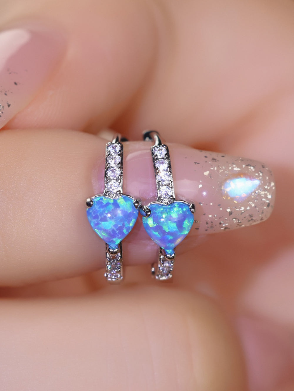 Silver-Tone Blue Simulated Opal Heart Huggie Earrings With Crystal-Lined Band
