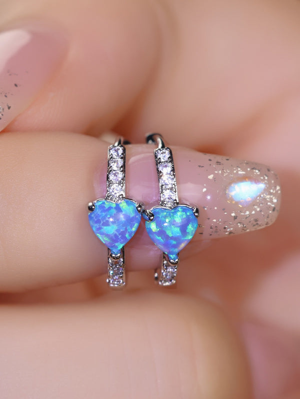 Silver-Tone Blue Simulated Opal Heart Huggie Earrings With Crystal-Lined Band