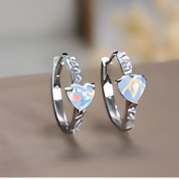 Silver-Tone Heart White Simulated Opal Pave Crystal Huggie Earrings