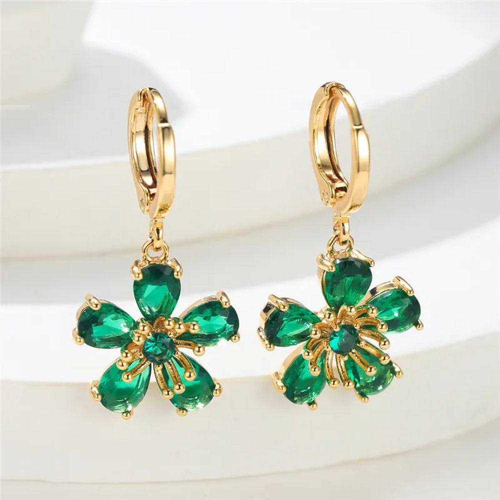 Gold-Tone Emerald Green Crystal Flower Drop Earrings