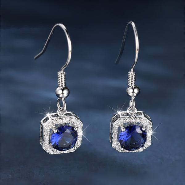 Silver-Tone Royal Blue Crystal Square Halo Drop Earrings