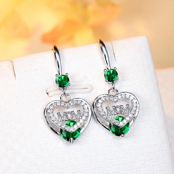 Silver-Tone Emerald Green Crystal MOM Heart Drop Earrings