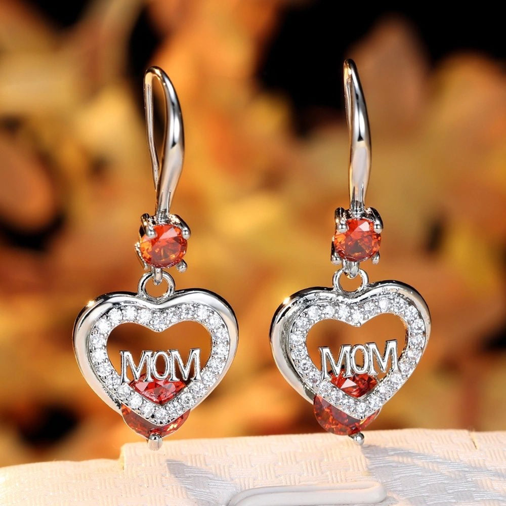 Silver-Tone MOM Open Heart Garnet-Red Crystal Drop Earrings