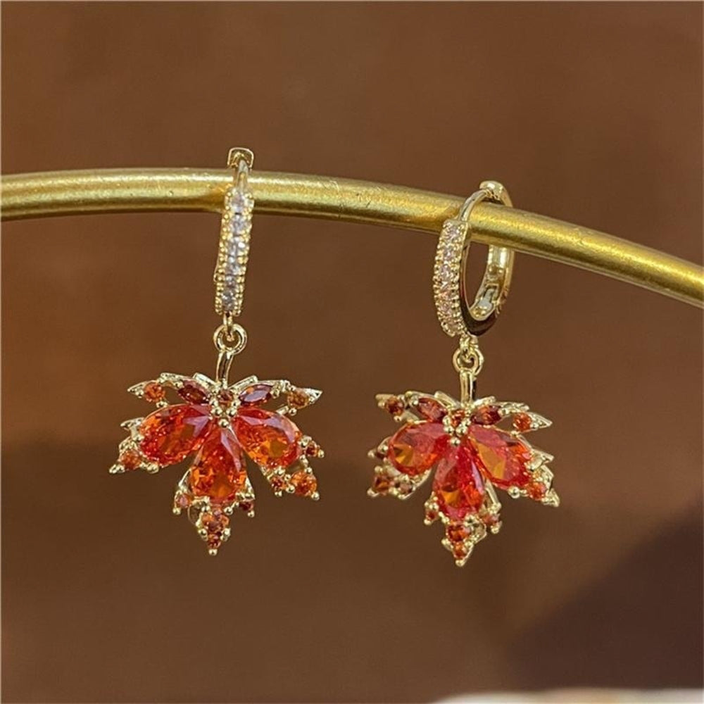 Gold-Tone Garnet-Red Crystal Maple Leaf Huggie Drop Earrings
