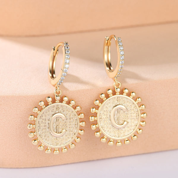 Gold-Tone Crystal Huggie Hoop Earrings With Letter C Medallion Drop
