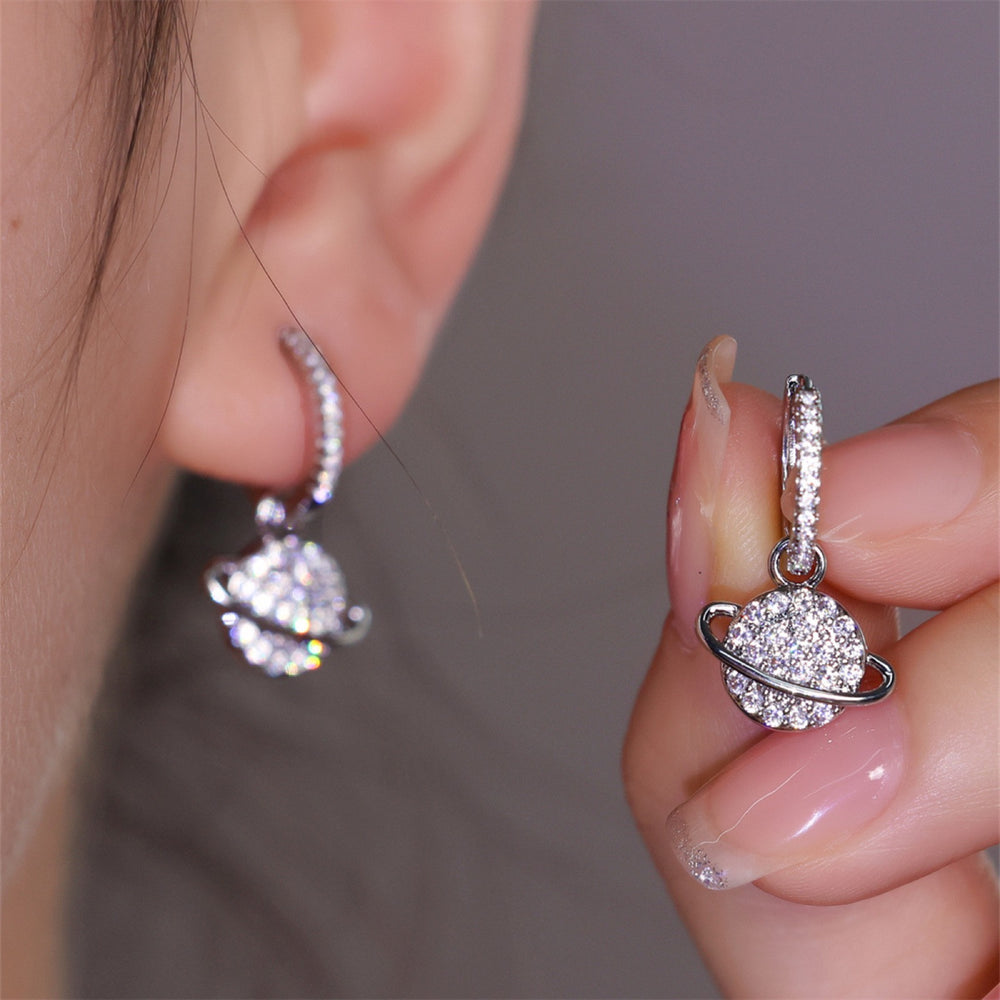 Silver-Tone White Crystal Pave Planet Drop Earrings