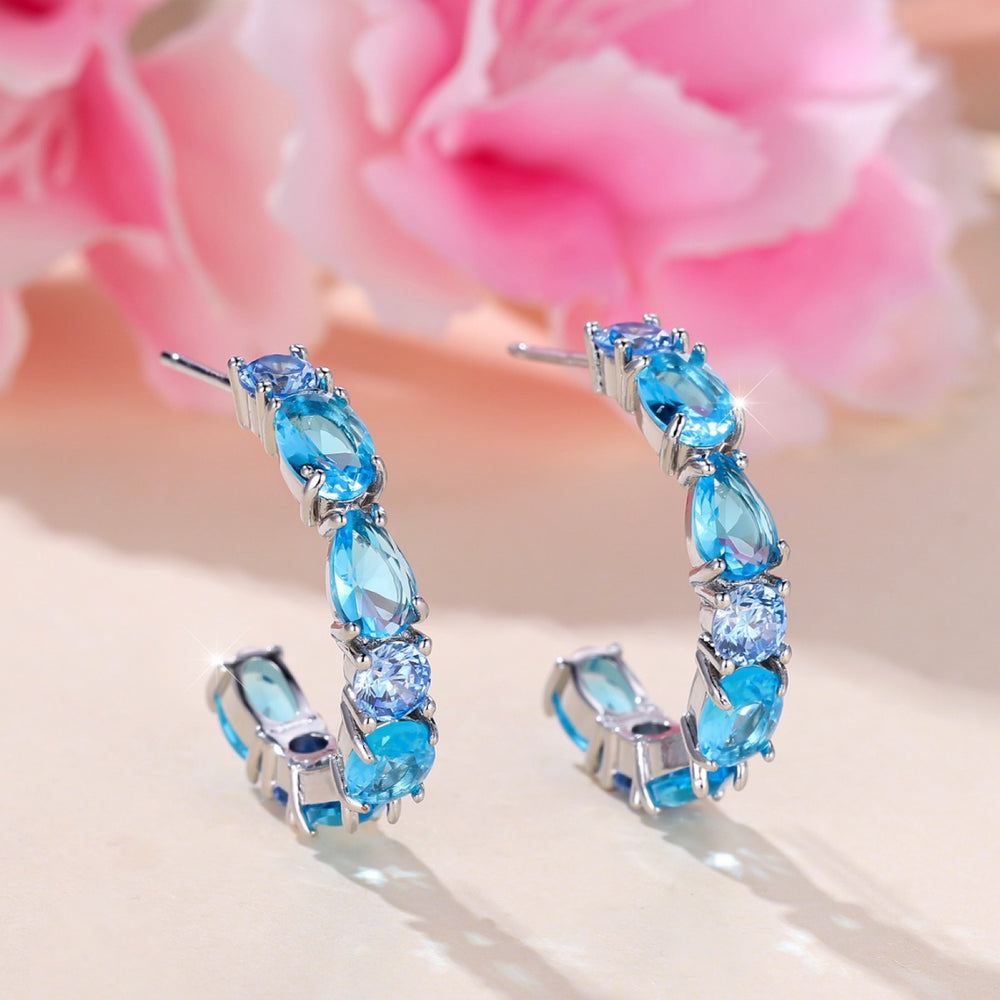 Silver-Tone Aqua Blue Crystal C-Shape Half Hoop Earrings