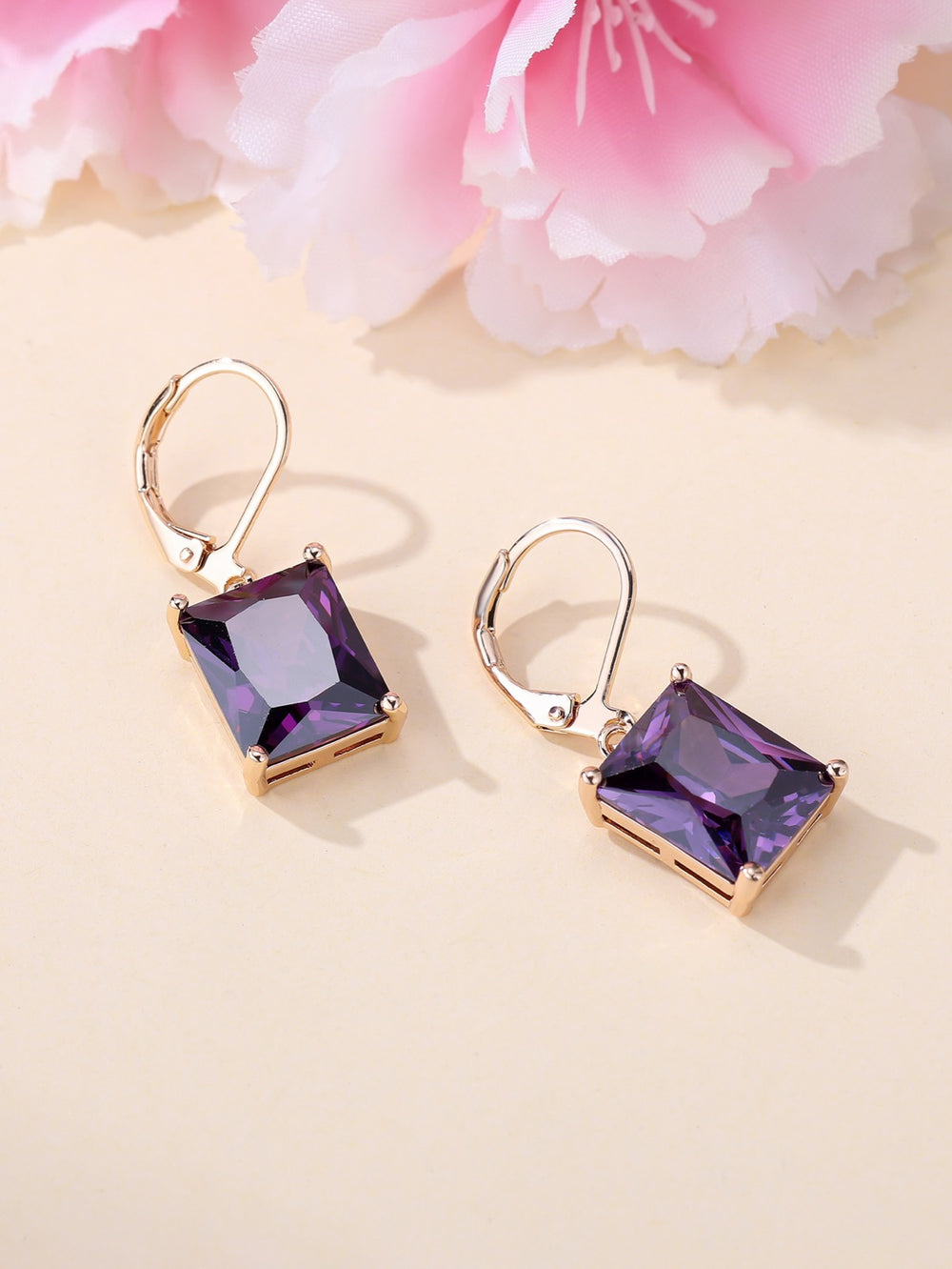 Champagne Gold-Tone Purple Rectangular Crystal Drop Earrings