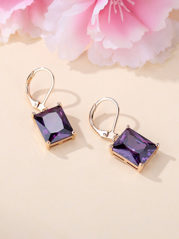 Champagne Gold-Tone Purple Rectangular Crystal Drop Earrings