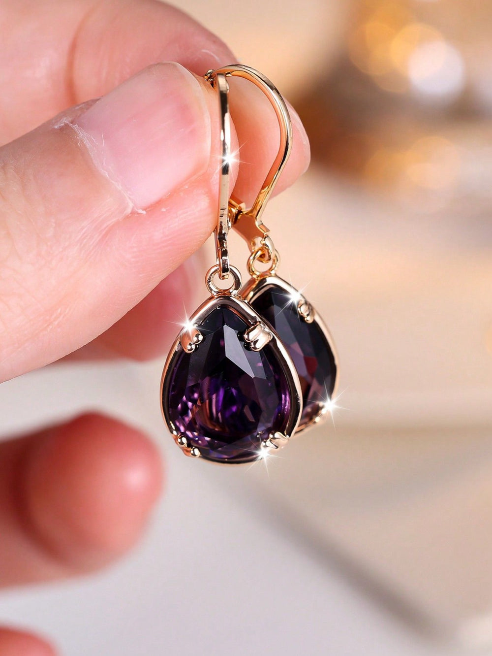 Champagne Gold-Tone Deep Purple Teardrop Crystal Drop Earrings