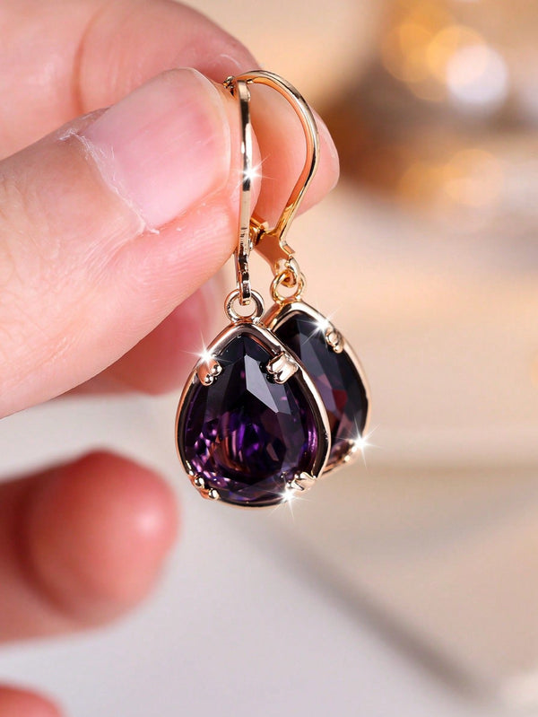 Champagne Gold-Tone Deep Purple Teardrop Crystal Drop Earrings