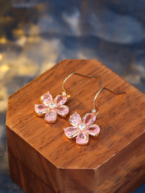 Champagne Gold-Tone Pink Crystal Five-Petal Flower Drop Earrings