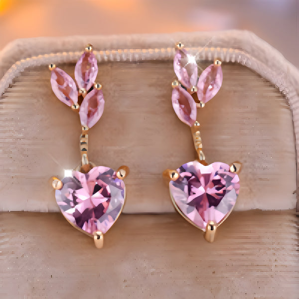 Gold-Tone Pink Heart Crystal Marquise Leaf Drop Earrings