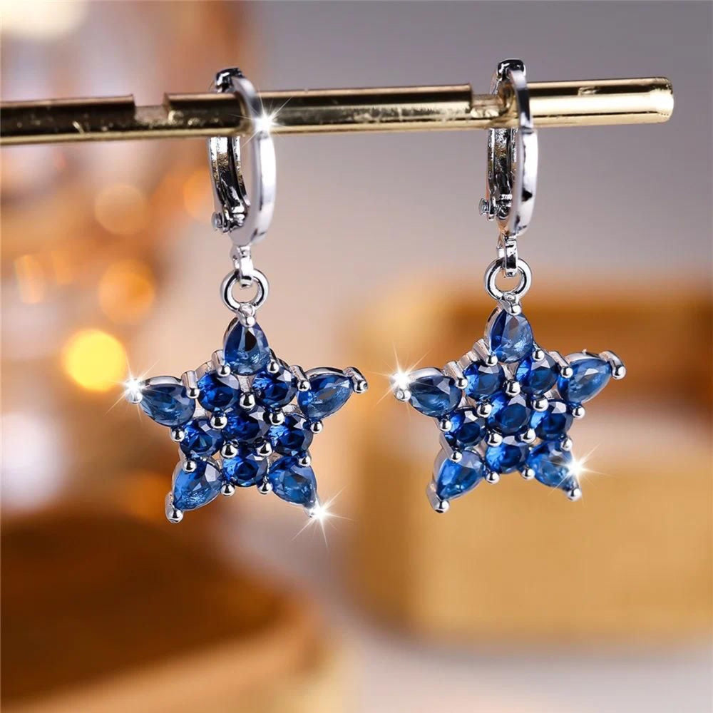 Silver-Tone Royal Blue Crystal Five-Point Star Huggie Earrings