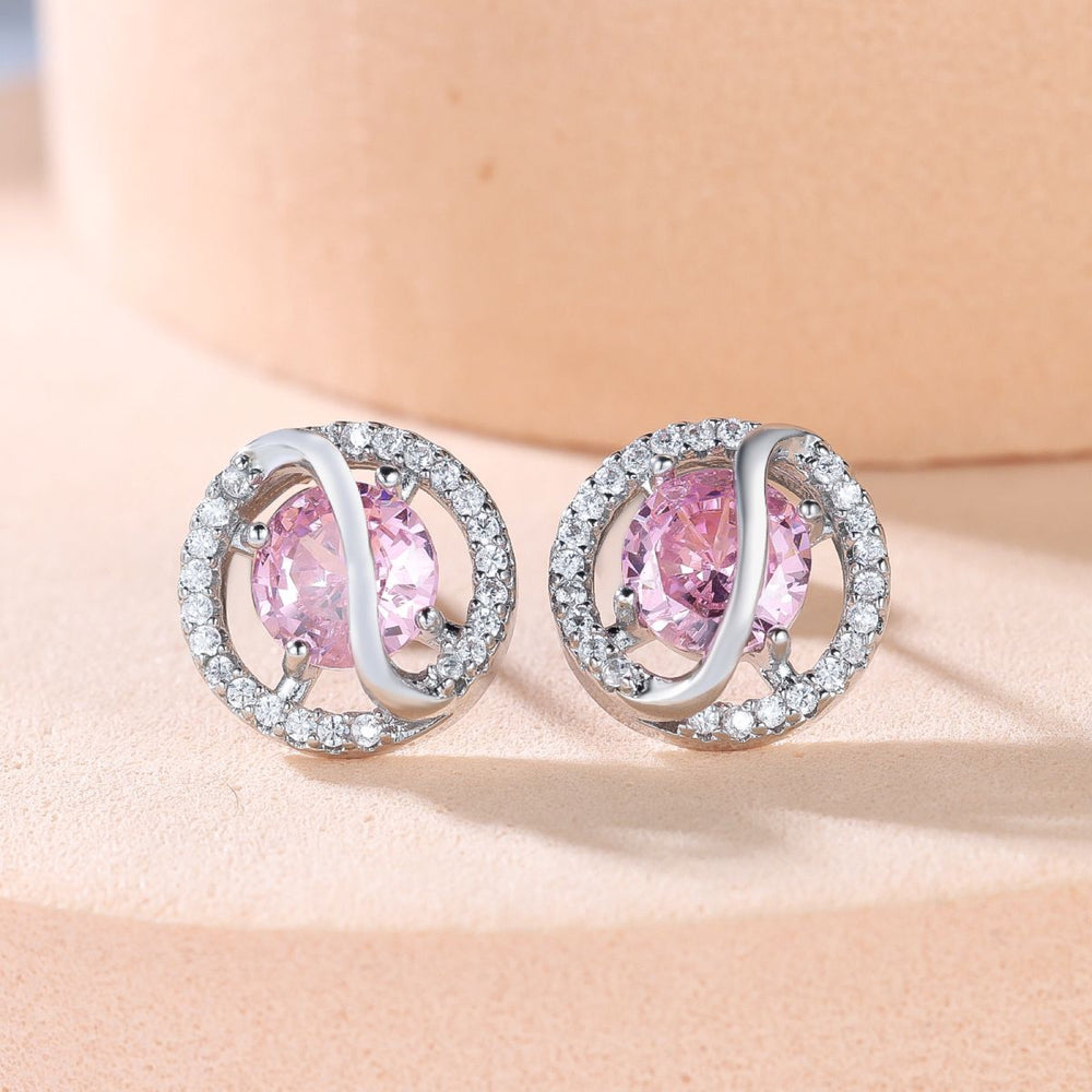 Silver-Tone Pink Crystal Round Stud Earrings With S-Curve Halo