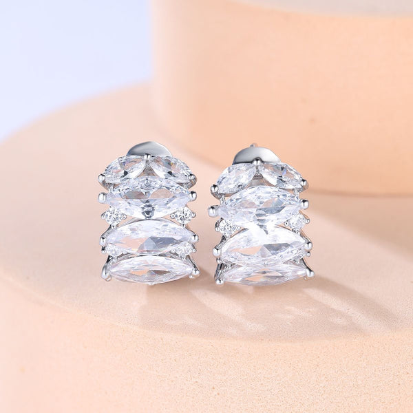 Silver-Tone Marquise White Crystal Full Pave Huggie Earrings