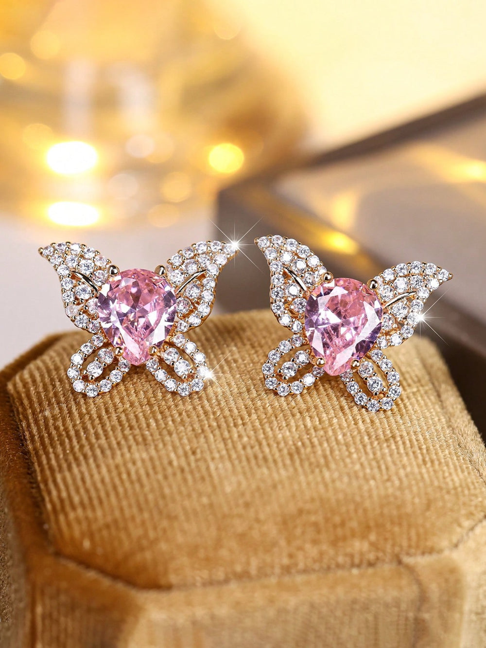 Gold-Tone Pink Teardrop Crystal Pave Butterfly Stud Earrings