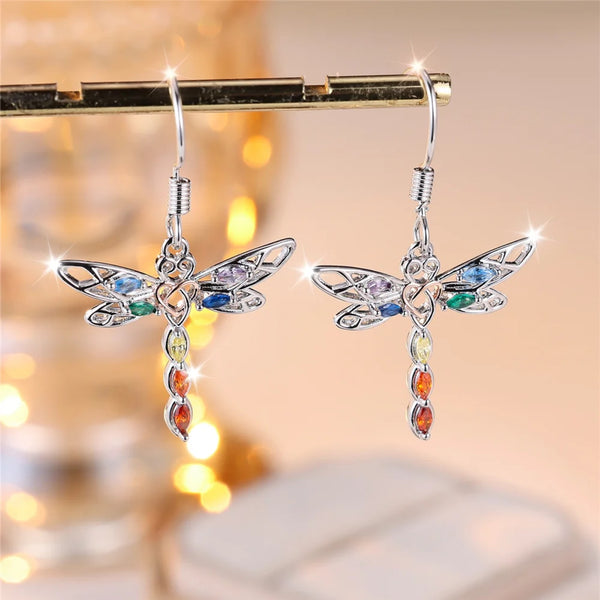 Silver-Tone Multicolor Marquise Crystal Dragonfly Drop Earrings
