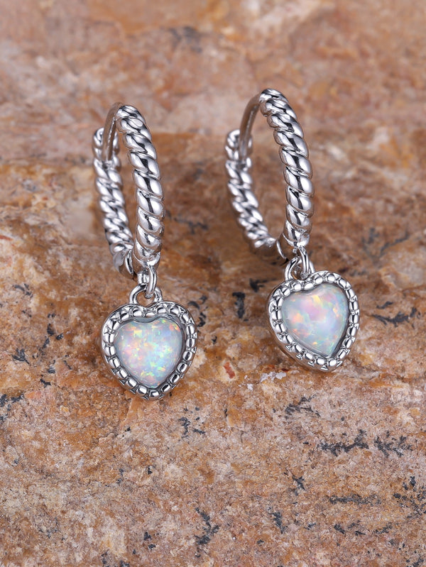 Silver-Tone Twisted Rope Huggie Earrings With White Simulated Opal Heart Charm