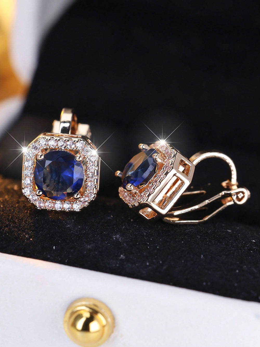 Champagne Gold-Tone Royal Blue Crystal Square Halo Clip-On Earrings