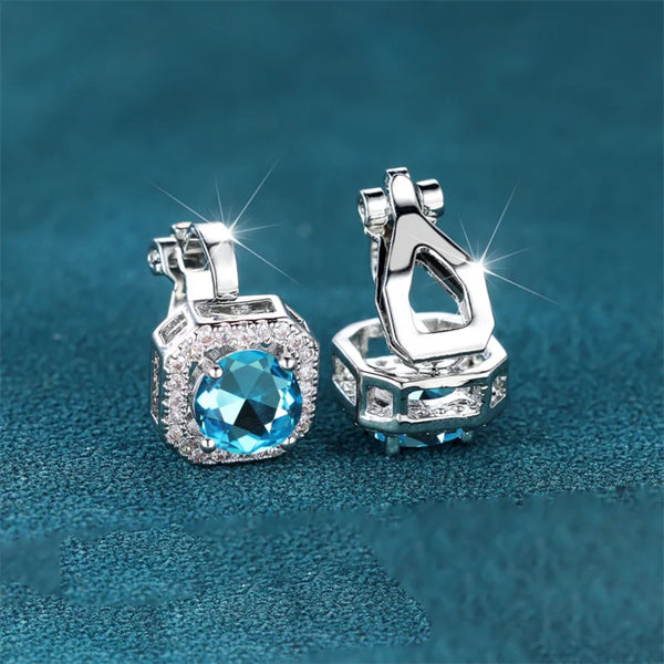 Silver-Tone Aqua Blue Crystal Square Halo Clip-On Stud Earrings