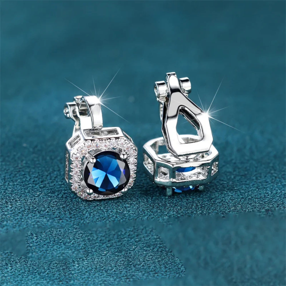 Silver-Tone Royal Blue Crystal Square Halo Clip-On Stud Earrings