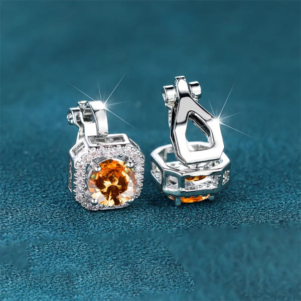 Silver-Tone Champagne Crystal Square Halo Clip-On Stud Earrings