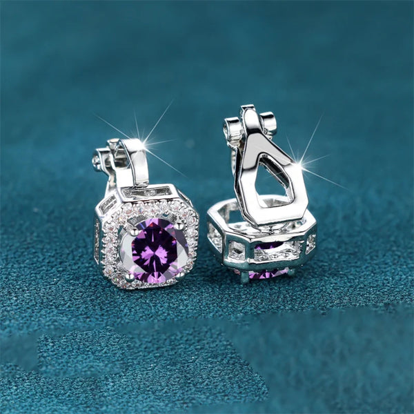 Silver-Tone Purple Crystal Square Halo Clip-On Stud Earrings
