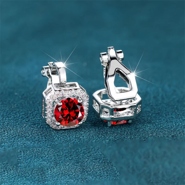 Silver-Tone Red Crystal Square Halo Clip-On Stud Earrings