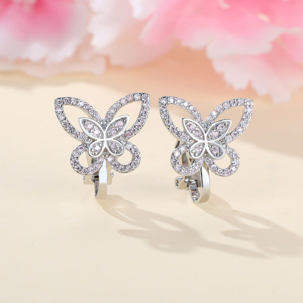 Silver-Tone Pink Crystal Openwork Butterfly Clip-On Earrings