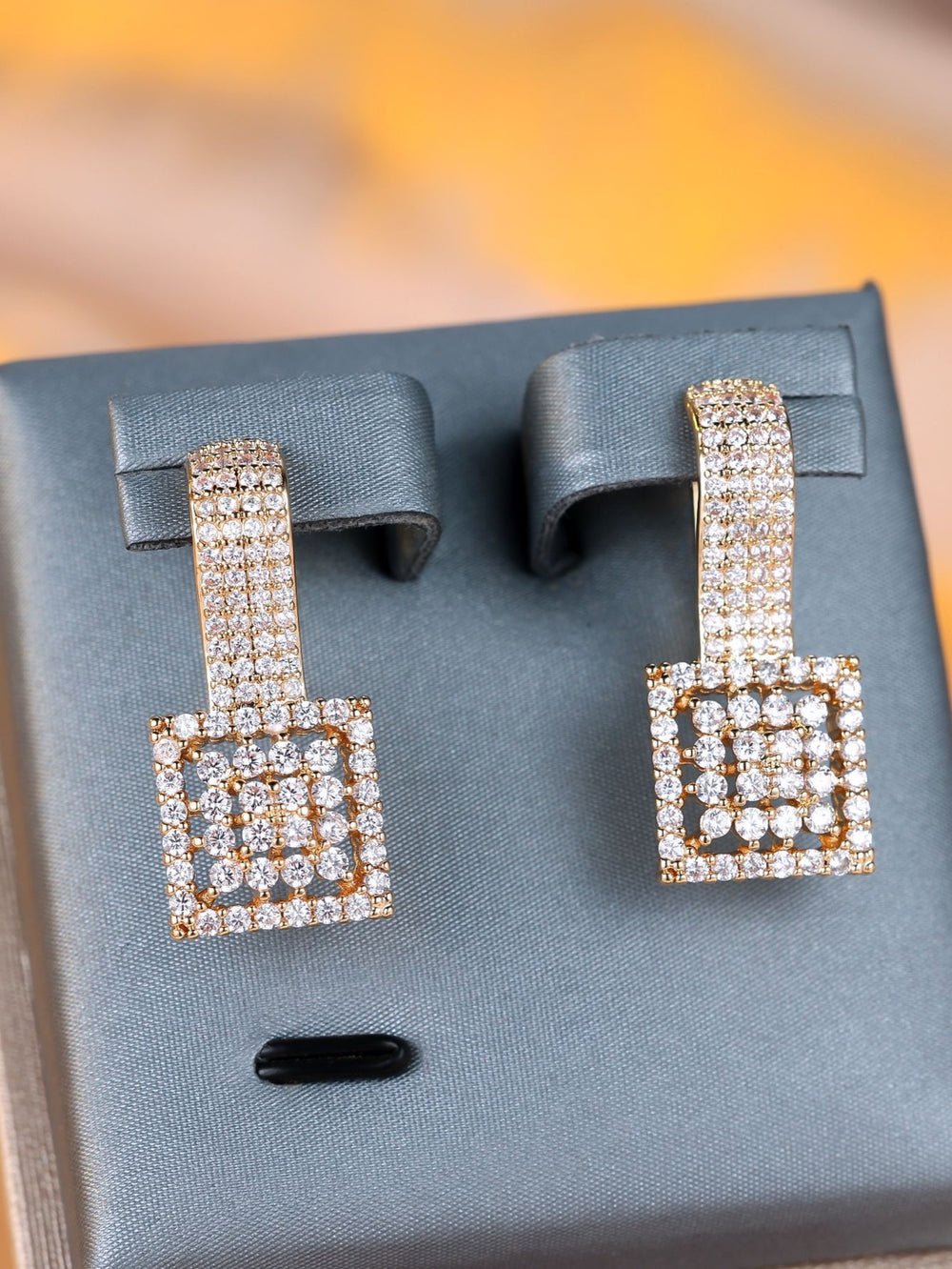Champagne Gold-Tone White Crystal Pave Square Drop Earrings