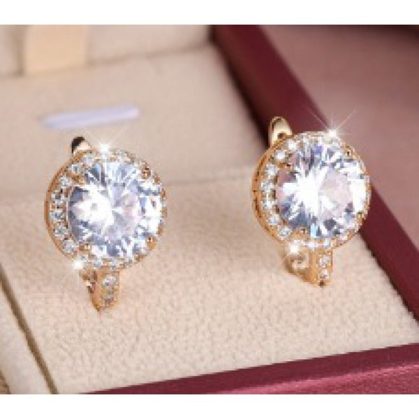 Champagne Gold-Tone Round White Crystal Halo Huggie Earrings