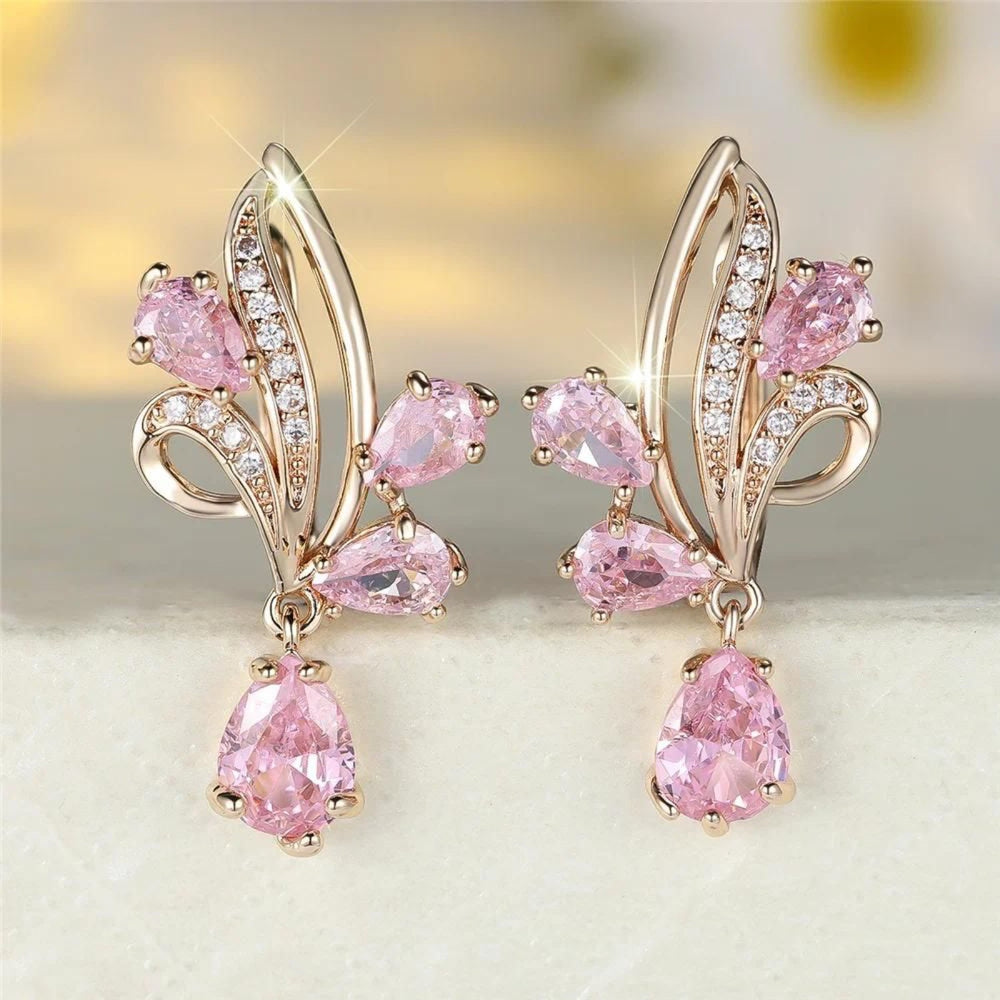 Champagne Gold-Tone Pink Crystal Petal Teardrop Drop Earrings