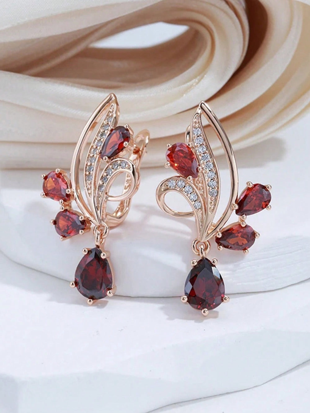 Champagne Gold-Tone Garnet-Red Crystal Petal Spray Drop Earrings
