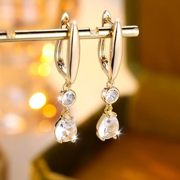 Gold-Tone White Crystal Teardrop Dangle Huggie Earrings