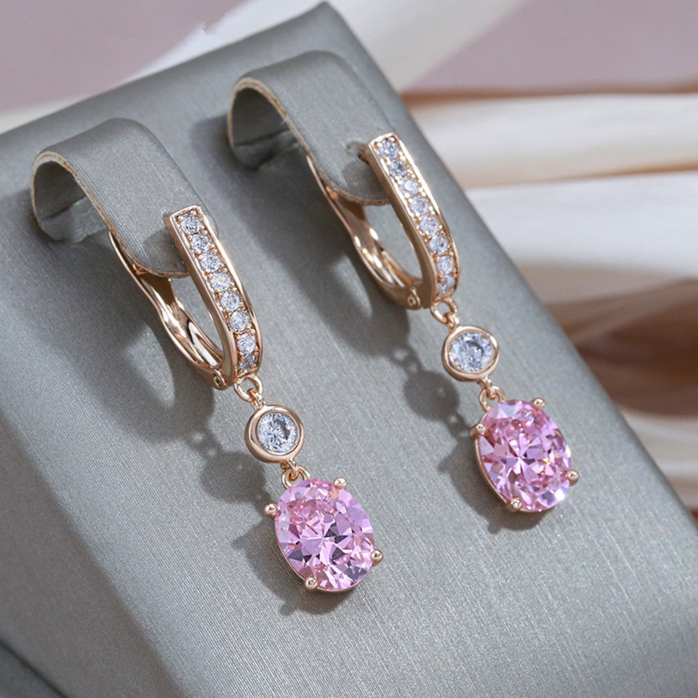 Champagne Gold-Tone Pink Oval Crystal Drop Huggie Earrings