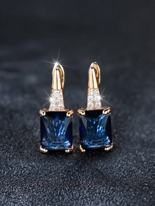Champagne Gold-Tone Royal Blue Crystal Emerald-Cut Huggie Earrings