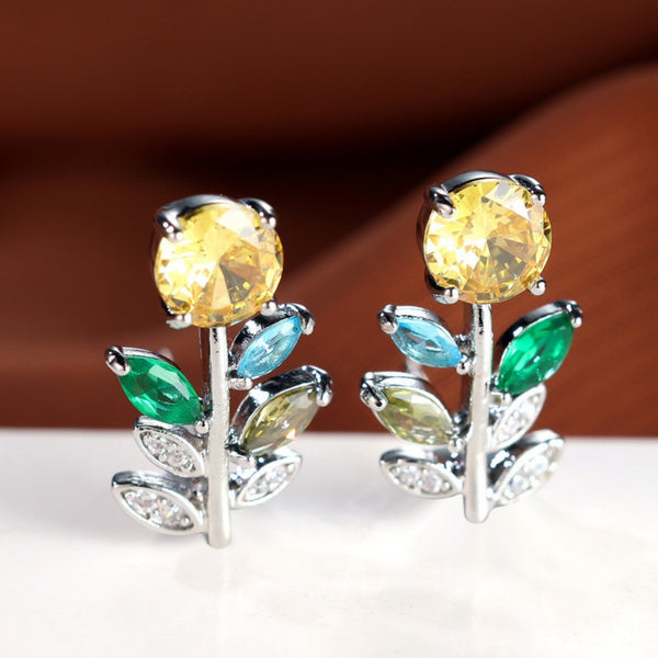 Silver-Tone Yellow Crystal Flower Stem Stud Earrings