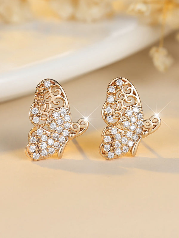 Champagne Gold-Tone White Crystal Openwork Butterfly Stud Earrings