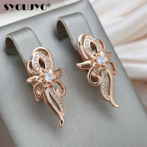 Champagne Gold-Tone White Crystal Ribbon Flower Huggie Earrings