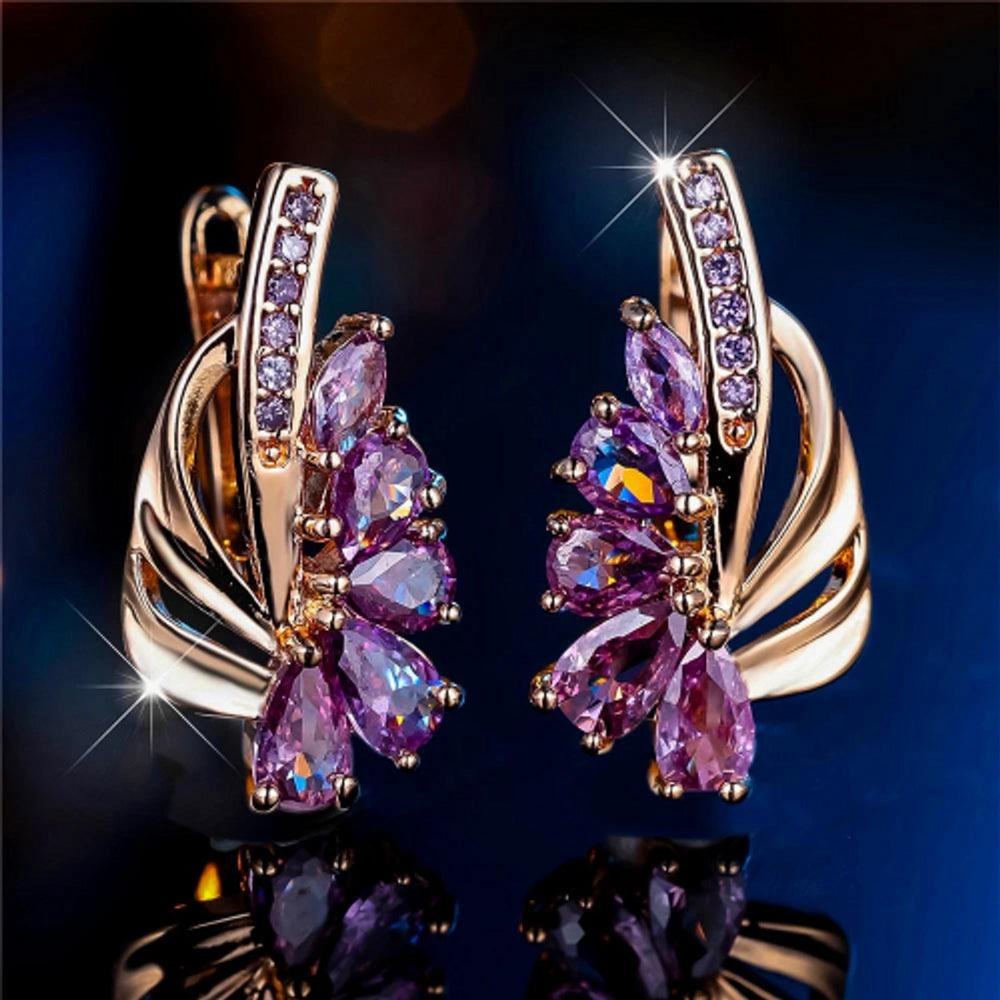 Champagne Gold-Tone All-Over Purple Teardrop Crystal Flower Drop Earrings