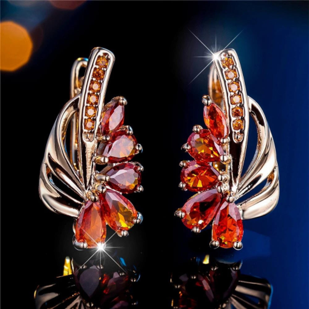 Champagne Gold-Tone Garnet-Red Crystal Half-Flower Drop Earrings