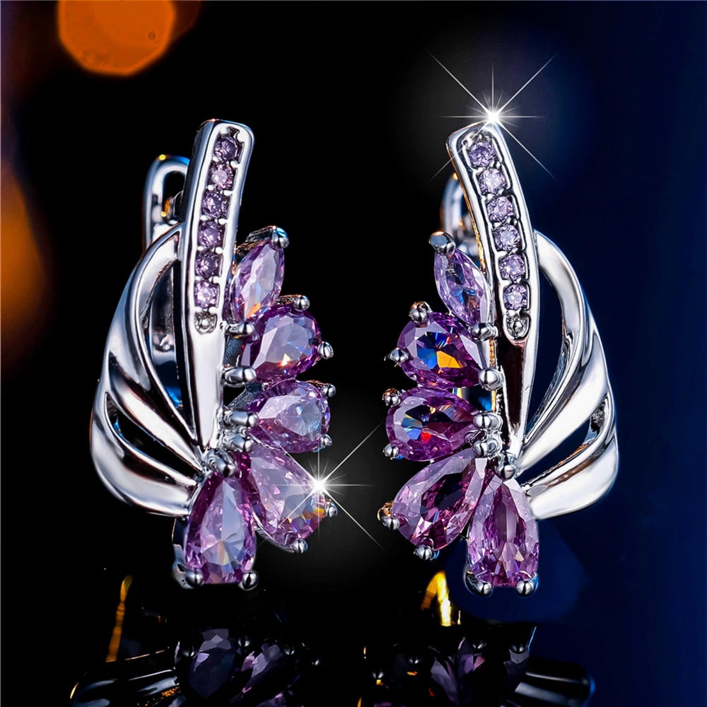 Silver-Tone Purple Teardrop Crystal Fan Drop Earrings