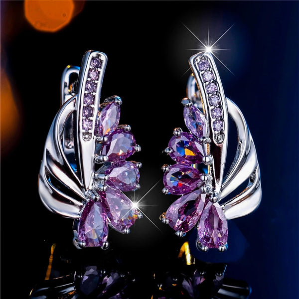 Silver-Tone Purple Teardrop Crystal Fan Drop Earrings