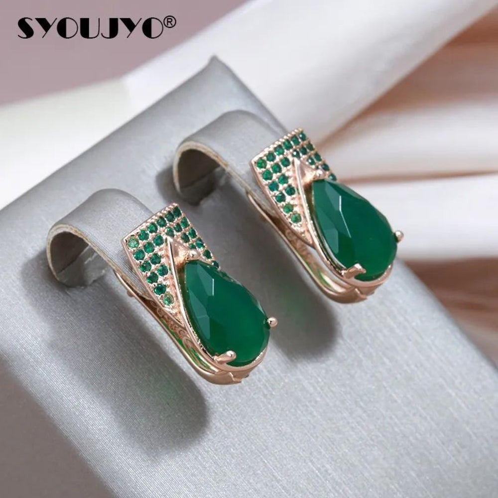 Champagne Gold-Tone Green Glass Teardrop Huggie Earrings