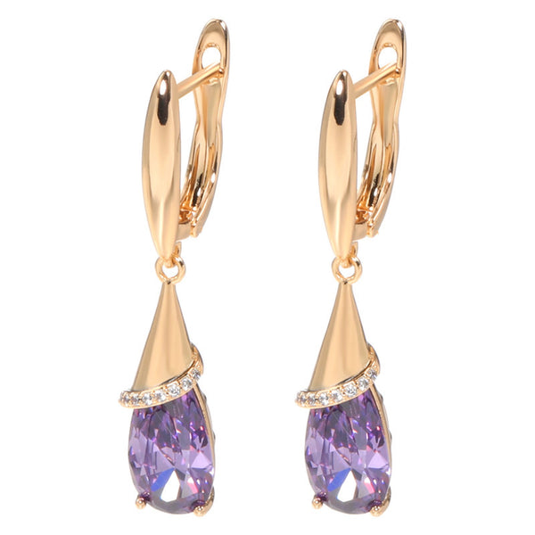 Champagne Gold-Tone Purple Teardrop Crystal Drop Earrings