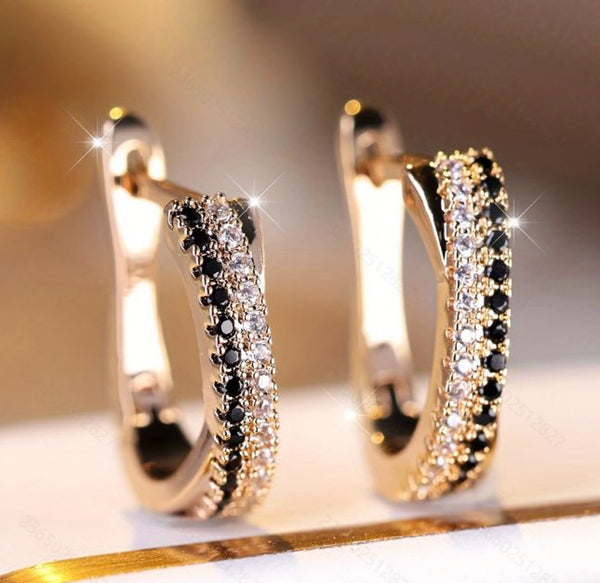 Champagne Gold-Tone Black & White Crystal Striped Huggie Earrings